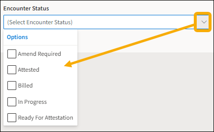 Encounter Status field with yellow highlight box around the drop down arrow and a yellow arrow pointing downwards to the selection options.